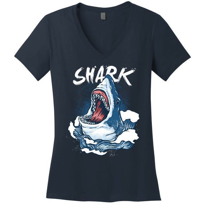 Shark In The Ocean Cool Sharks Week Waves Bite Women's V-Neck T-Shirt