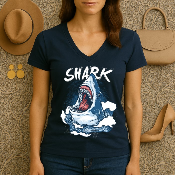 Shark In The Ocean Cool Sharks Week Waves Bite Women's V-Neck T-Shirt