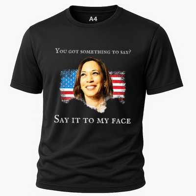 Say It To My Face Funny Kamala Harris Challenges Trump Cooling Performance Crew T-Shirt