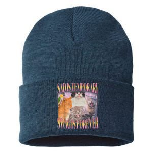 Sad Is Temporary Swag Is Forever Funny Silly Cat Meme Sustainable Knit Beanie