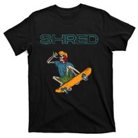 Shred it up with this Skateboard design skeleton ripping up T-Shirt