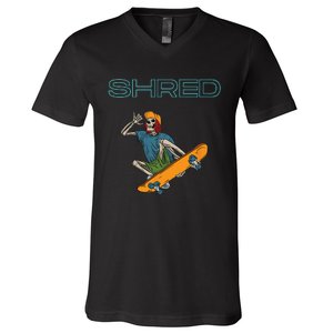 Shred it up with this Skateboard design skeleton ripping up V-Neck T-Shirt