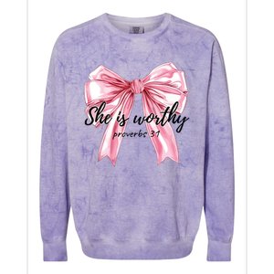 She Is Worthy Bow Women Christian Christian Coquette Colorblast Crewneck Sweatshirt