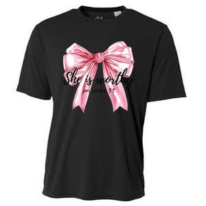 She Is Worthy Bow Women Christian Christian Coquette Cooling Performance Crew T-Shirt