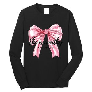 She Is Worthy Bow Women Christian Christian Coquette Long Sleeve Shirt