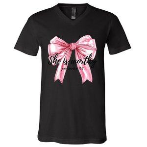 She Is Worthy Bow Women Christian Christian Coquette V-Neck T-Shirt