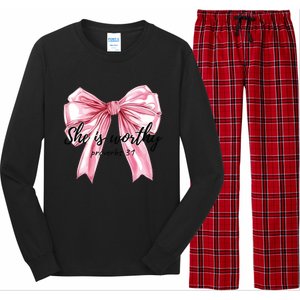 She Is Worthy Bow Women Christian Christian Coquette Long Sleeve Pajama Set