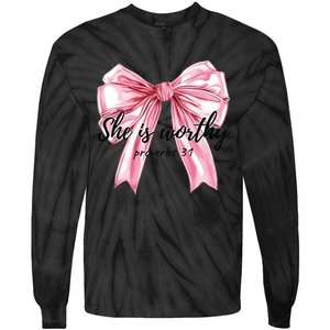 She Is Worthy Bow Women Christian Christian Coquette Tie-Dye Long Sleeve Shirt