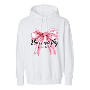 She Is Worthy Bow Women Christian Christian Coquette Garment-Dyed Fleece Hoodie