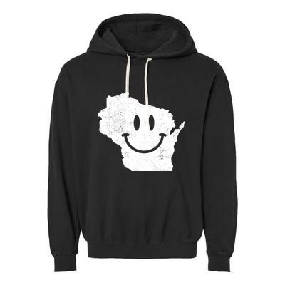 Smiling In Wi Funny Wisconsin Happy Face Garment-Dyed Fleece Hoodie