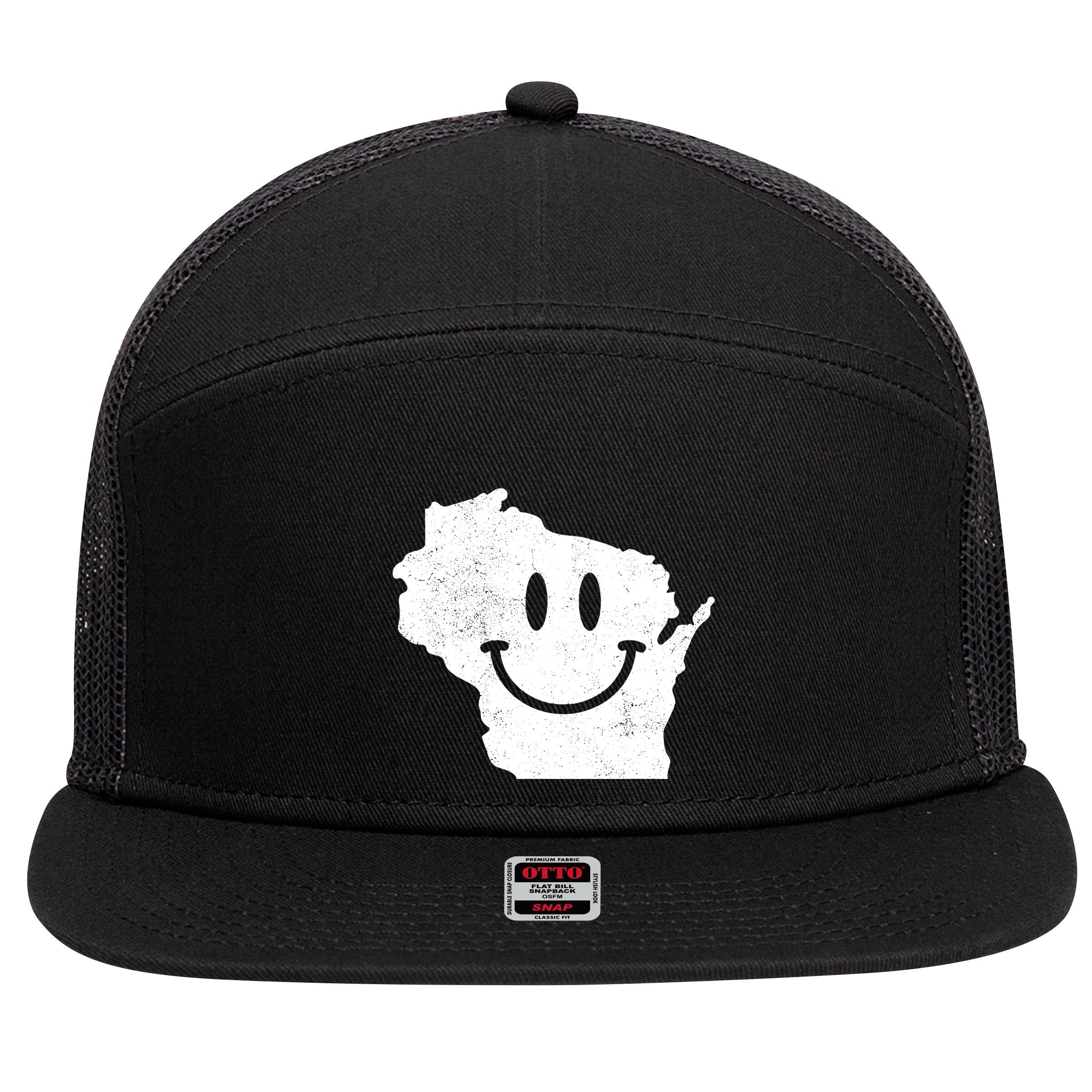 Smiling In Wi Funny Wisconsin Happy Face 7 Panel Mesh Trucker Snapback Hat