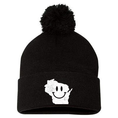 Smiling In Wi Funny Wisconsin Happy Face Pom Pom 12in Knit Beanie