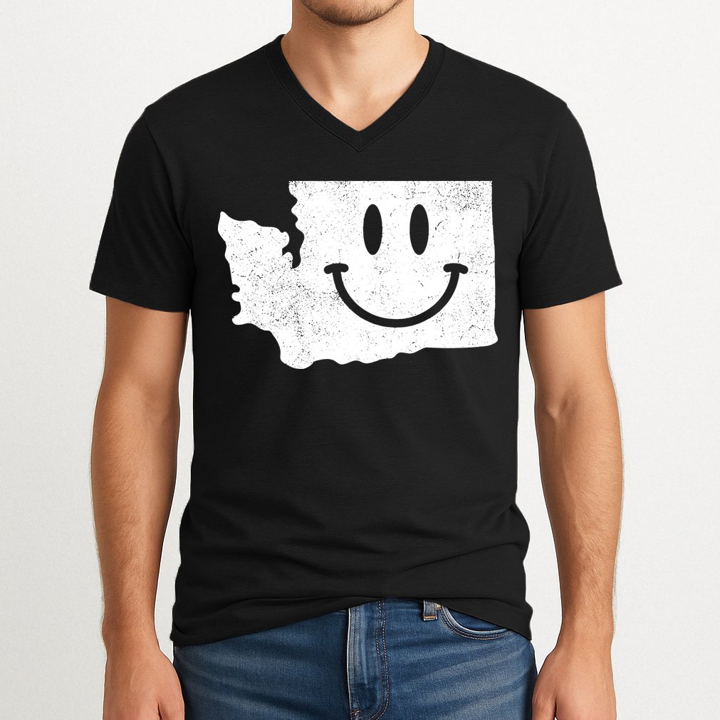 Smiling In Wa Funny Washington Happy Face V-Neck T-Shirt