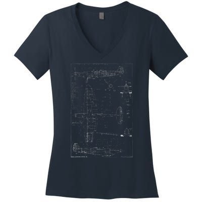 Spitfire Ix Wwii Blueprint Series Fighter Airplane Women's V-Neck T-Shirt