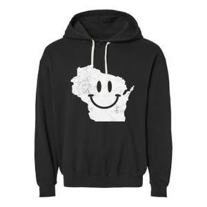 Smiling in WI – Funny Wisconsin Happy Face Garment-Dyed Fleece Hoodie