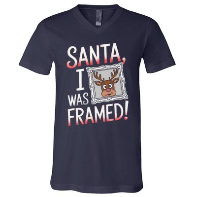 Santa I Was Framed Funny Cute Reindeer Holiday Humor V-Neck T-Shirt