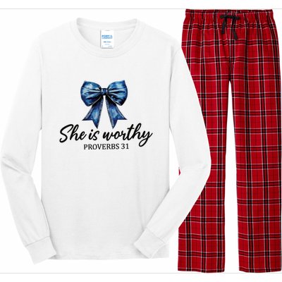 She Is Worthy Bow Long Sleeve Pajama Set