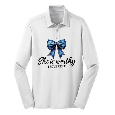 She Is Worthy Bow Silk Touch Performance Long Sleeve Polo