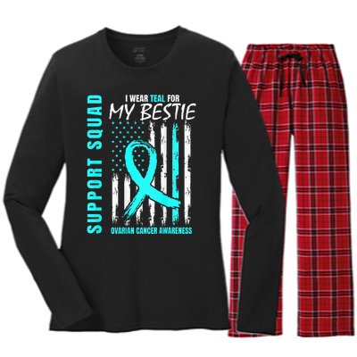 Support I Wear Teal For Bestie Ovarian Cancer Awareness Flag Women's Long Sleeve Flannel Pajama Set 