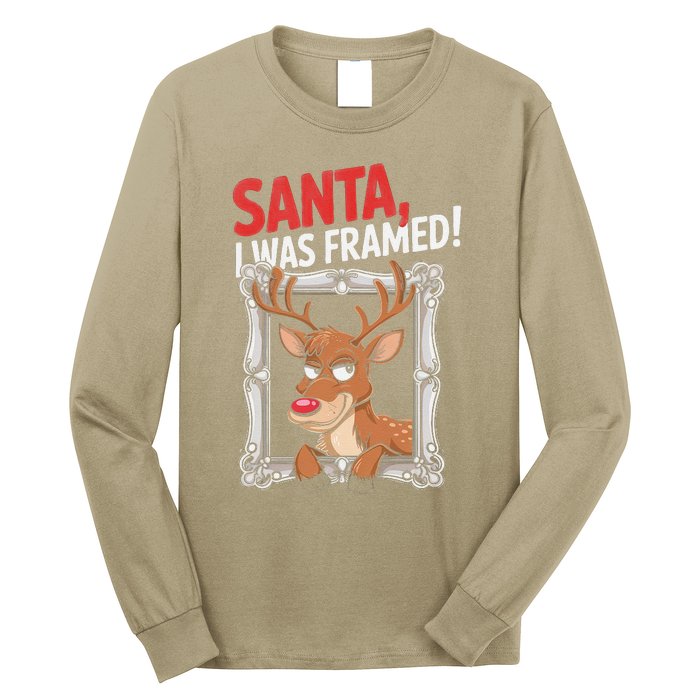 Santa I Was Framed Funny Reindeer Holiday Joke Lovers Xmas Long Sleeve Shirt