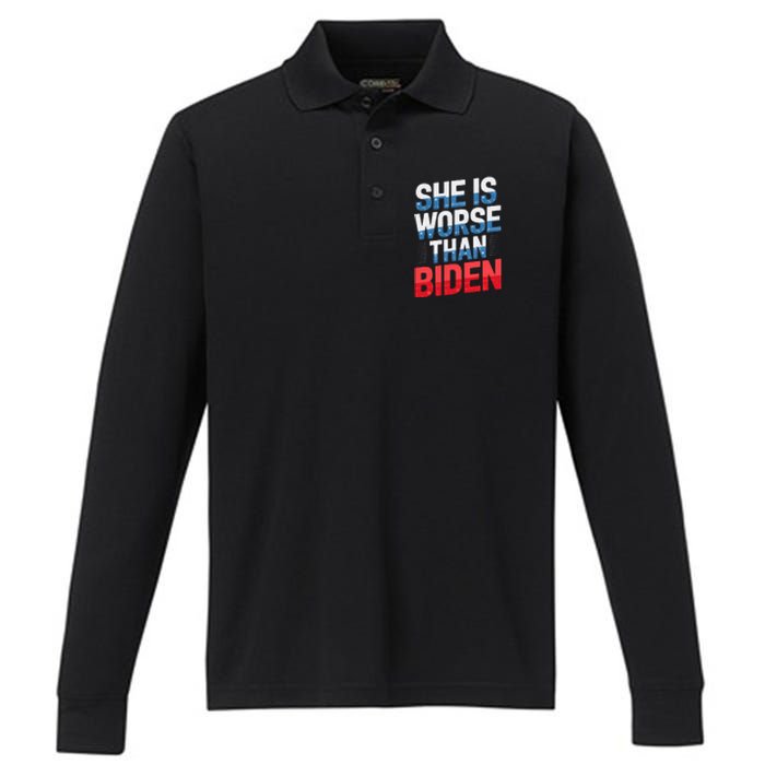 She Is Worse Than Biden Pro Trump Anti Biden Harris 2024 Performance Long Sleeve Polo