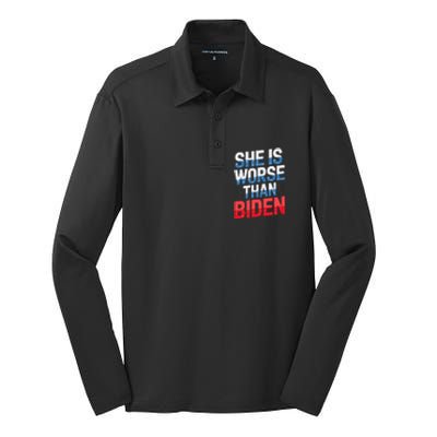 She Is Worse Than Biden Pro Trump Anti Biden Harris 2024 Silk Touch Performance Long Sleeve Polo