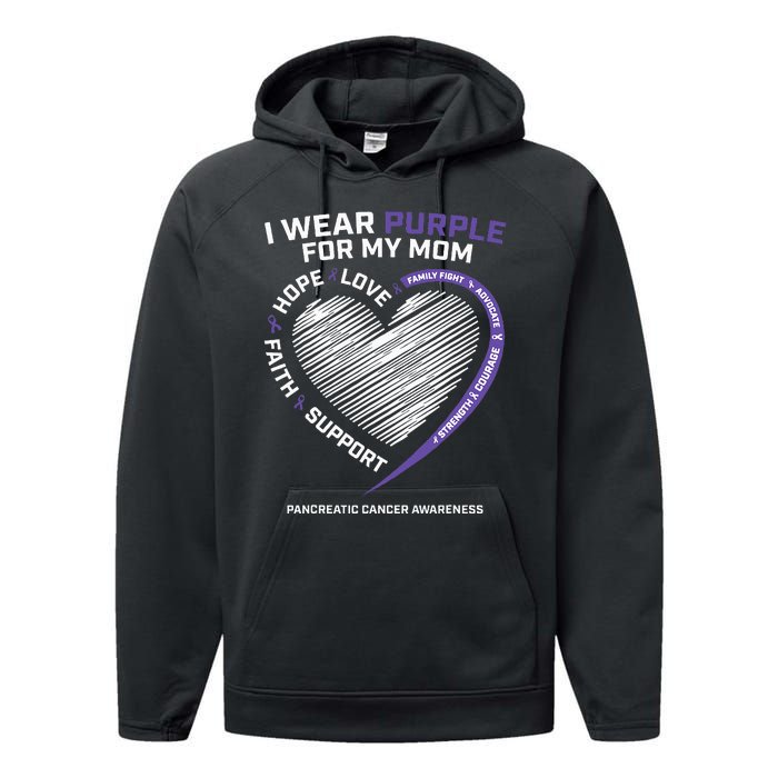 Support I Wear Purple For My Mom Pancreatic Cancer Awareness Performance Fleece Hoodie