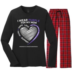 Support I Wear Purple For My Mom Pancreatic Cancer Awareness Women's Long Sleeve Flannel Pajama Set 