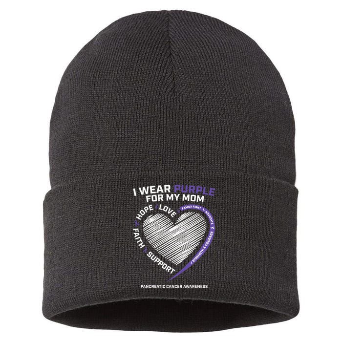 Support I Wear Purple For My Mom Pancreatic Cancer Awareness Sustainable Knit Beanie