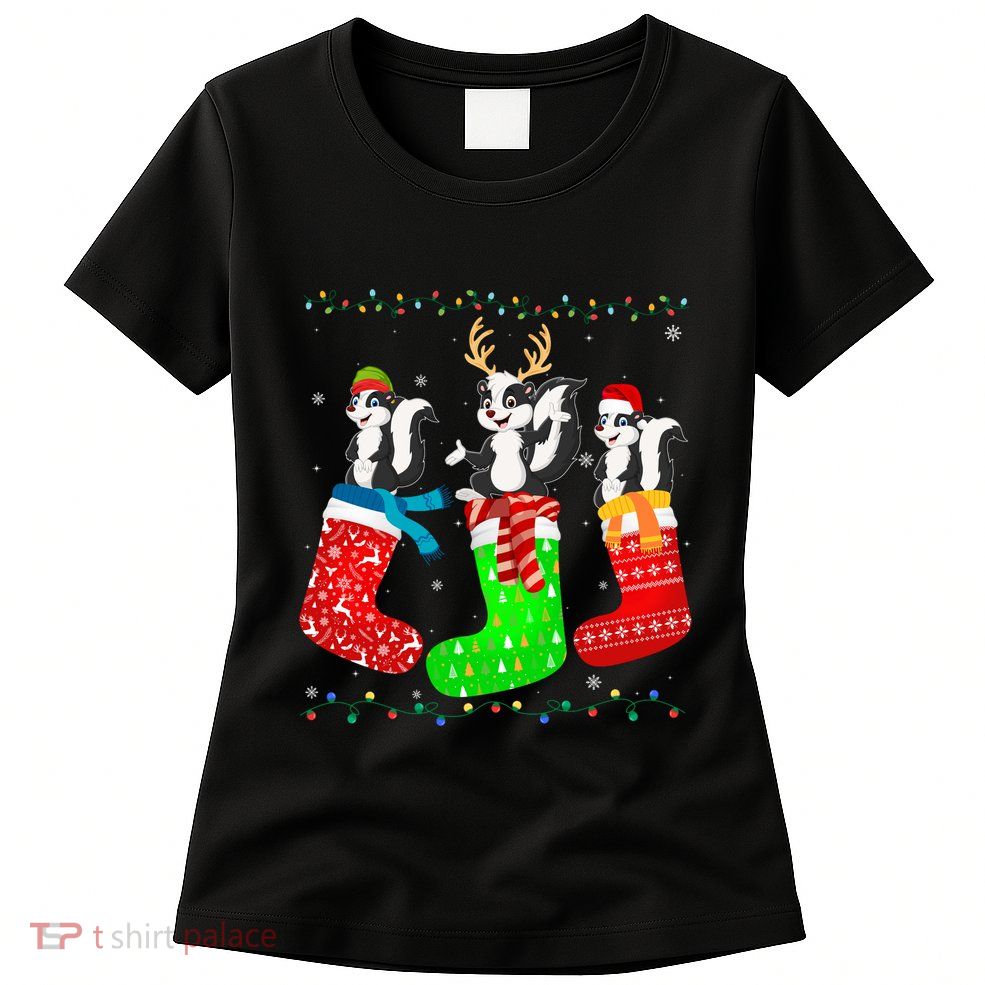 Skunk In Xmas Socks Funny Holiday Ugly Sweater Christmas Long Sleeve Womens T-Shirt