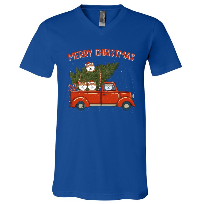 Shiba Inu Xmas Vintage Red Pickup Retro Truck Funny Gift V-Neck T-Shirt