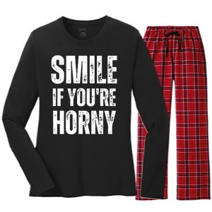 Smile If Youre Horny Funny Adult Gag Gift Women's Long Sleeve Flannel Pajama Set 