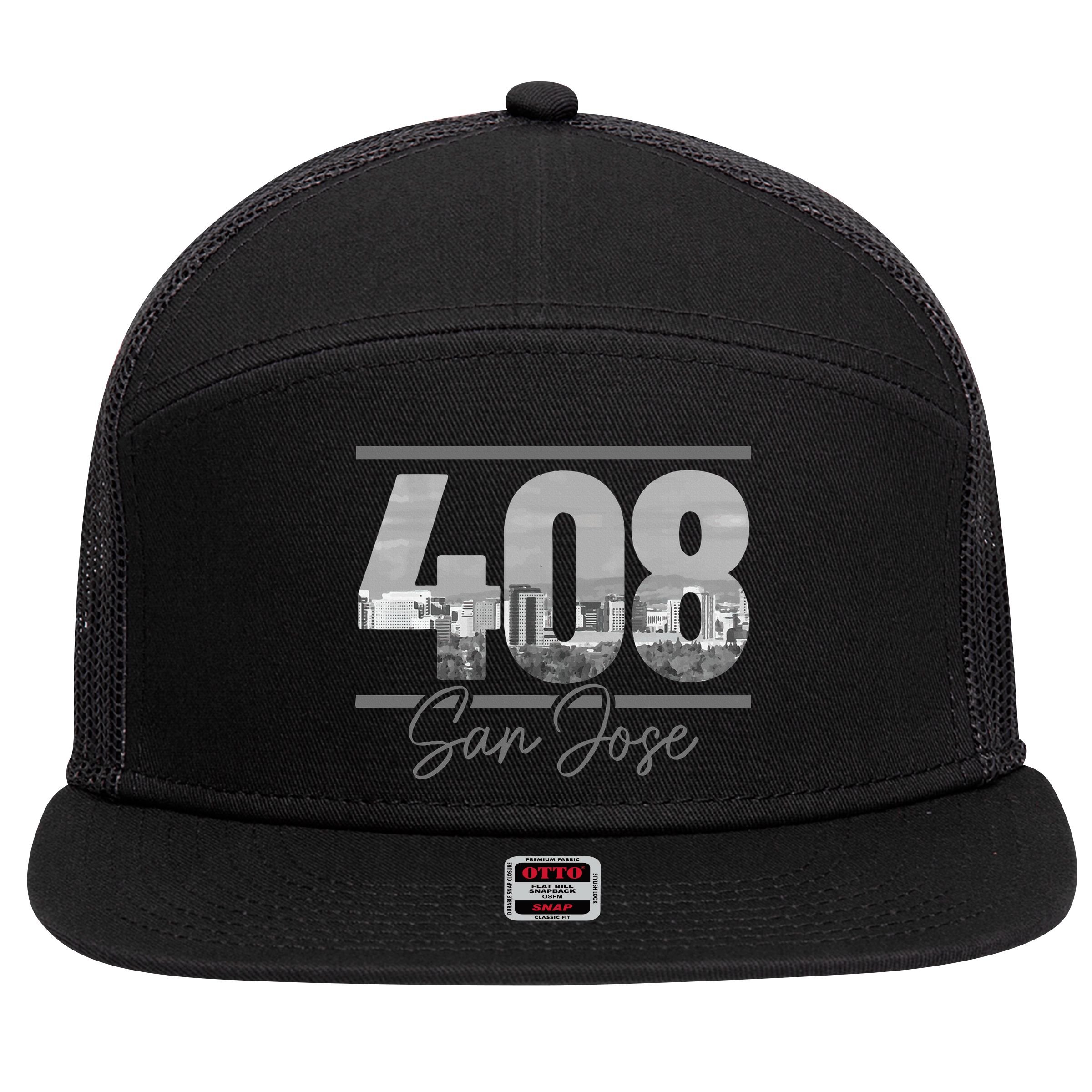 San Jose 408 Area Code Vintage Skyline California 7 Panel Mesh Trucker Snapback Hat