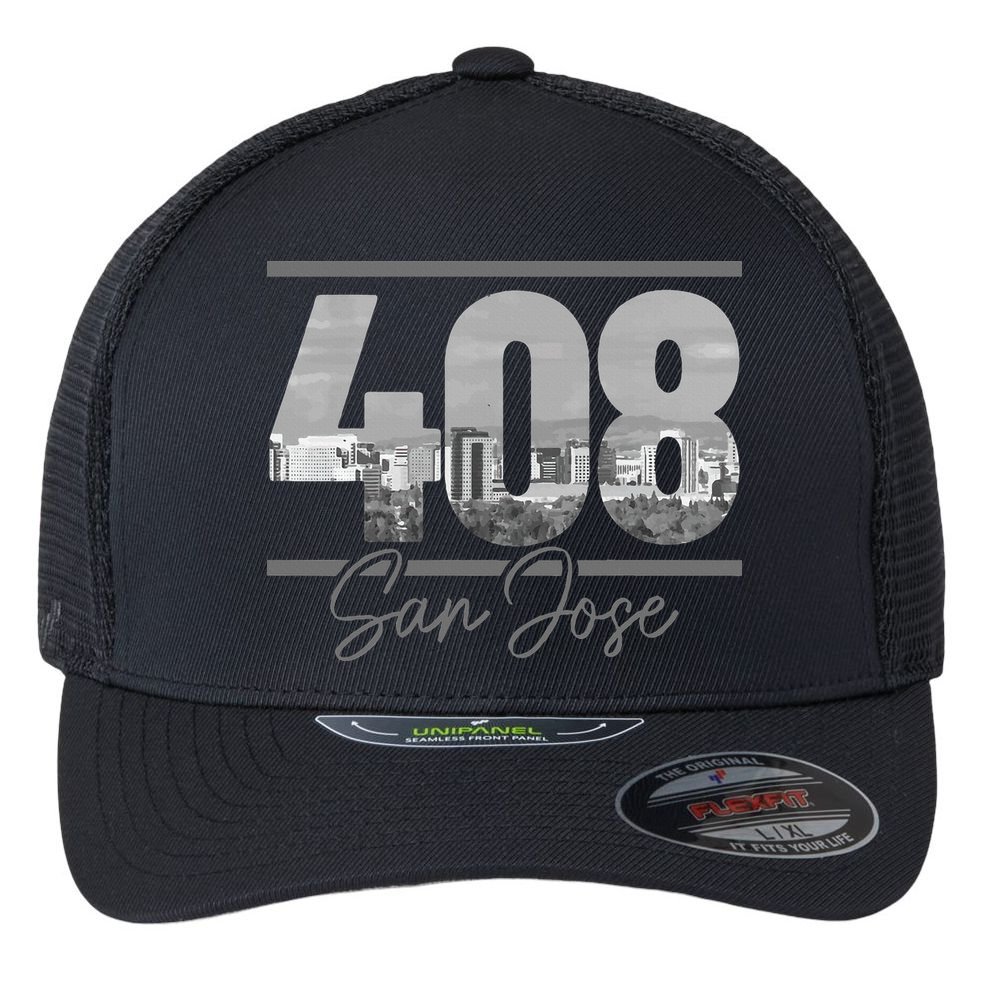 San Jose 408 Area Code Vintage Skyline California Flexfit Unipanel Trucker Cap