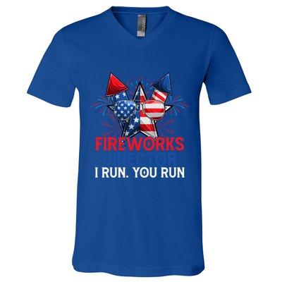 Sarcastic July 4 Meme If I Run You Run Firework Director Gift V-Neck T-Shirt