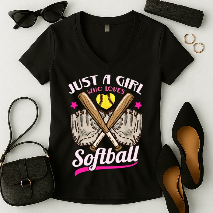 Softball Just A Girl Who Loves Softball Softball Player TShirt Women's V-Neck T-Shirt
