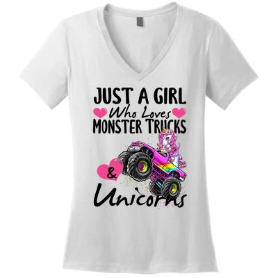 Shop Just A Girl Who Loves Monster Trucks And Unicorns Women's V-Neck T-Shirt