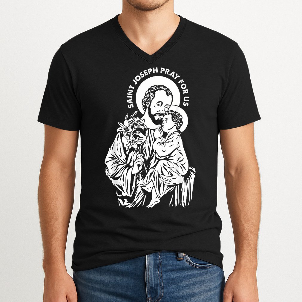 St Joseph and Jesus Pray for Us Catholic Saints V-Neck T-Shirt