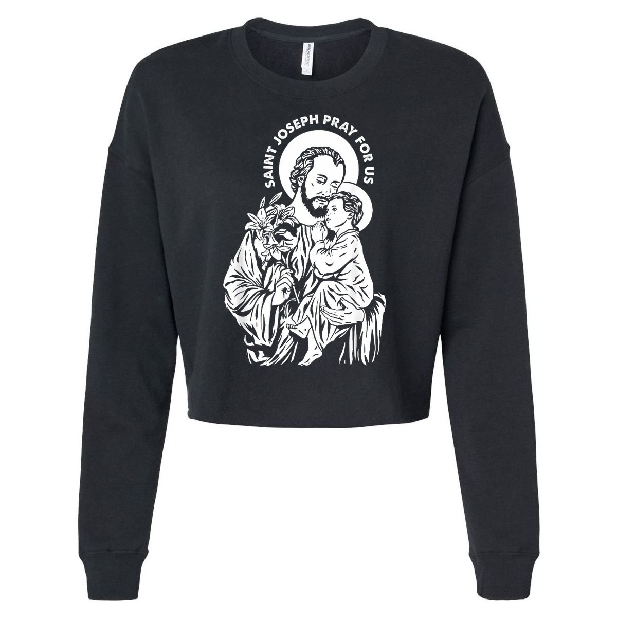 St Joseph and Jesus Pray for Us Catholic Saints Cropped Pullover Crew