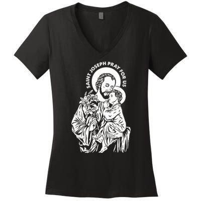 St Joseph and Jesus Pray for Us Catholic Saints Women's V-Neck T-Shirt