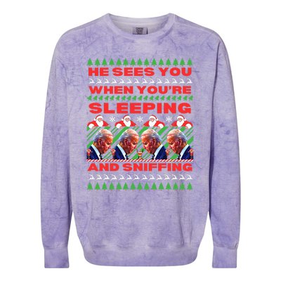 Sleepy Joe Biden Christmas He Sees You When You're Sleeping Colorblast Crewneck Sweatshirt