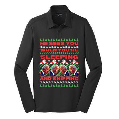 Sleepy Joe Biden Christmas He Sees You When You're Sleeping Silk Touch Performance Long Sleeve Polo