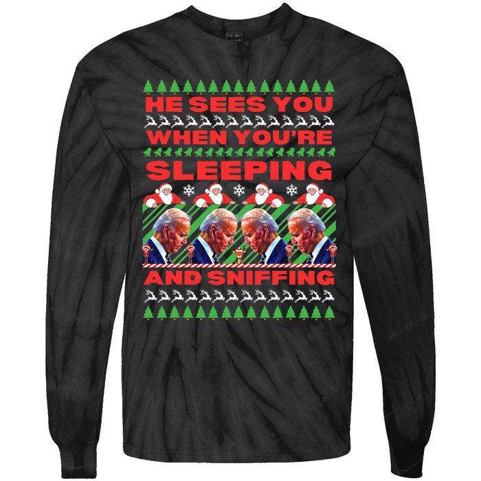 Sleepy Joe Biden Christmas He Sees You When You're Sleeping Tie-Dye Long Sleeve Shirt