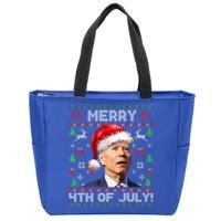 Santa Joe Biden Merry 4th Of July Ugly Christmas Sweater Gift Zip Tote Bag