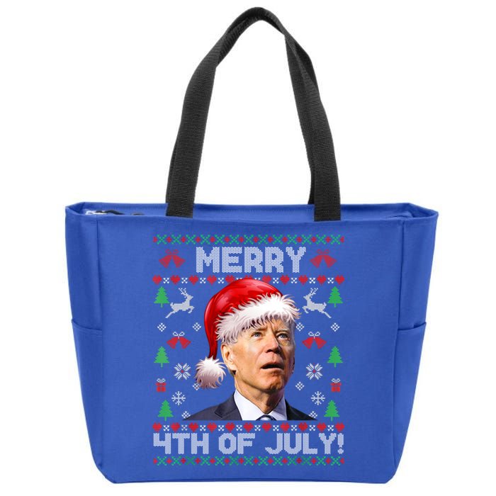 Santa Joe Biden Merry 4th Of July Ugly Christmas Sweater Gift Zip Tote Bag