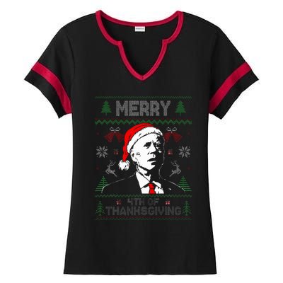 Santa Joe Biden Merry Thanksgiving Ugly Christmas Sweater  Ladies Halftime Notch Neck Tee