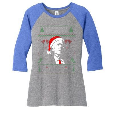 Santa Joe Biden Merry Thanksgiving Ugly Christmas Sweater  Women's Tri-Blend 3/4-Sleeve Raglan Shirt