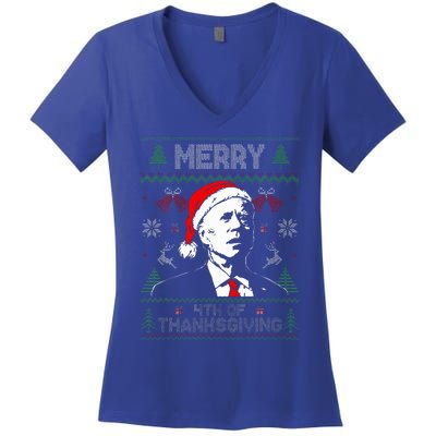 Santa Joe Biden Merry Thanksgiving Ugly Christmas Sweater  Women's V-Neck T-Shirt