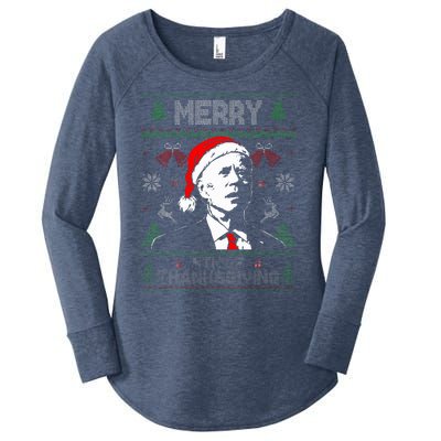 Santa Joe Biden Merry Thanksgiving Ugly Christmas Sweater  Women's Perfect Tri Tunic Long Sleeve Shirt