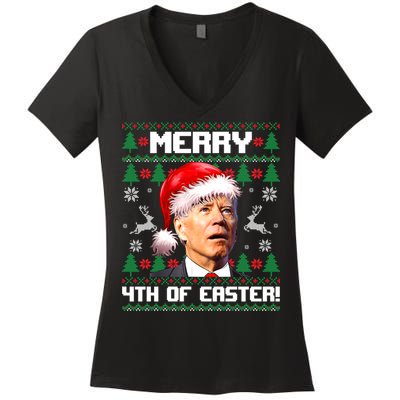 Santa Joe Biden Merry 4th Of Easter Ugly Sweater Christmas Sweatshirt Women's V-Neck T-Shirt
